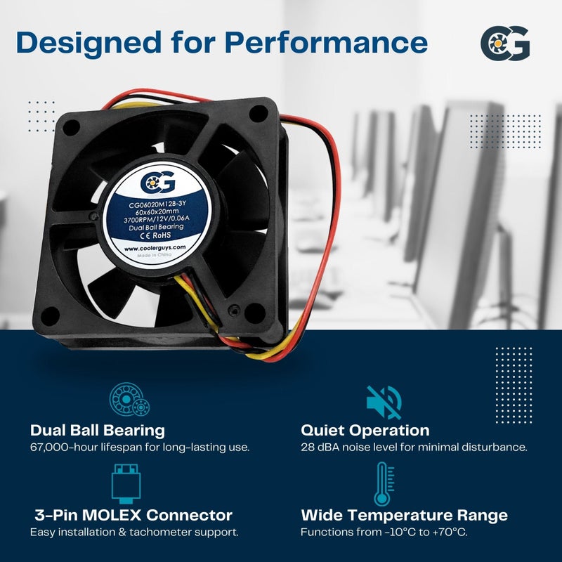 coolerguys مروحة كولر قايز ذات محمل كروي مزدوج 12 فولت 3 دبابيس (60x20 مم، سرعة متوسطة) - Image 2